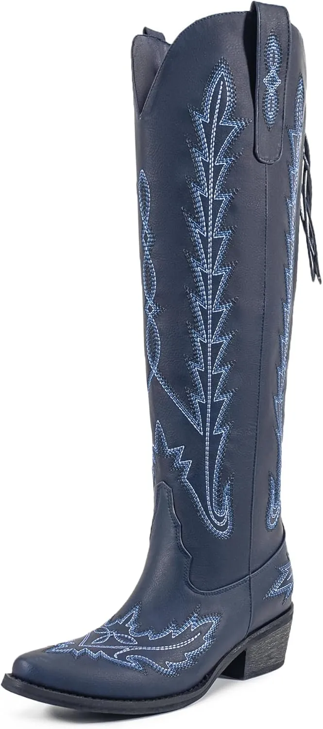 Atuelang Western Cowboy Boots for Women Knee High Wide Calf Lace Up Embroidered Cowgirl Boots