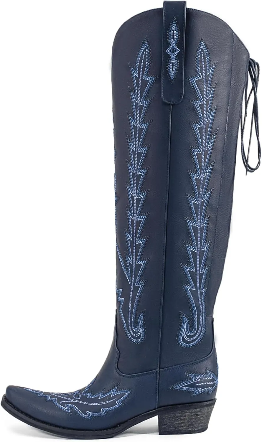 Atuelang Western Cowboy Boots for Women Knee High Wide Calf Lace Up Embroidered Cowgirl Boots