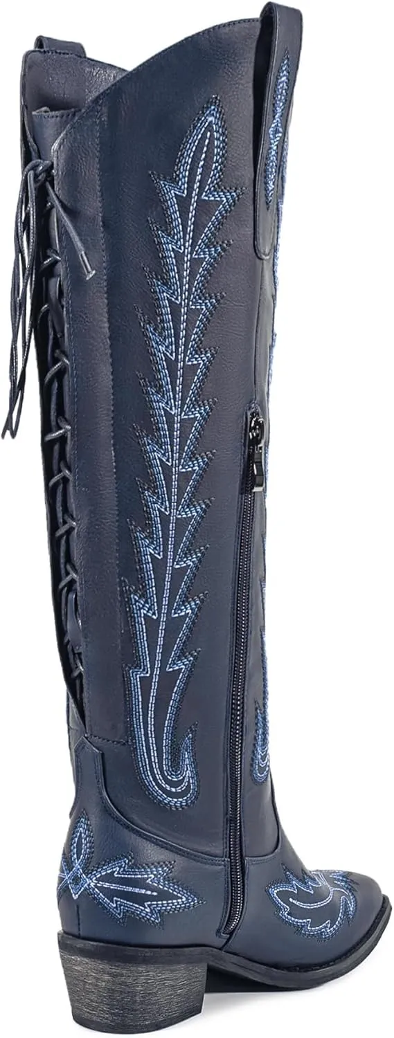 Atuelang Western Cowboy Boots for Women Knee High Wide Calf Lace Up Embroidered Cowgirl Boots