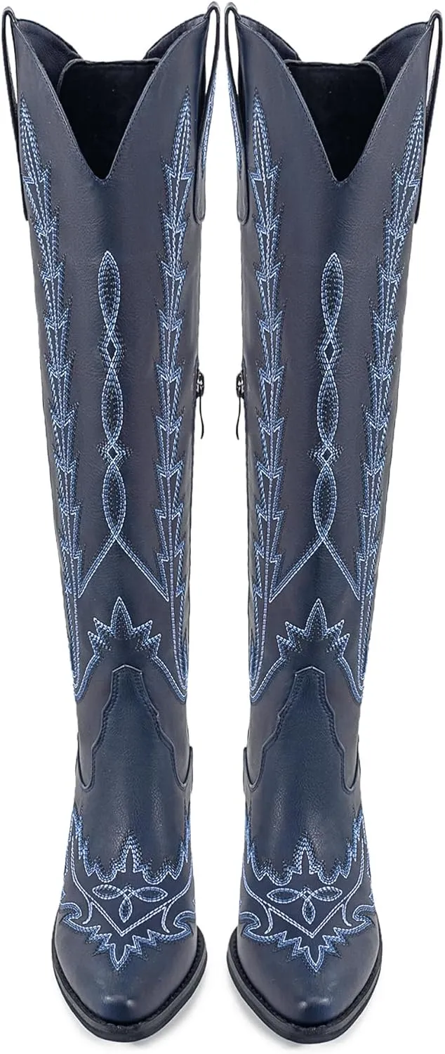 Atuelang Western Cowboy Boots for Women Knee High Wide Calf Lace Up Embroidered Cowgirl Boots