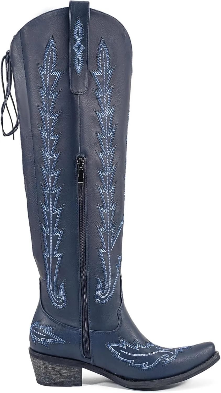Atuelang Western Cowboy Boots for Women Knee High Wide Calf Lace Up Embroidered Cowgirl Boots