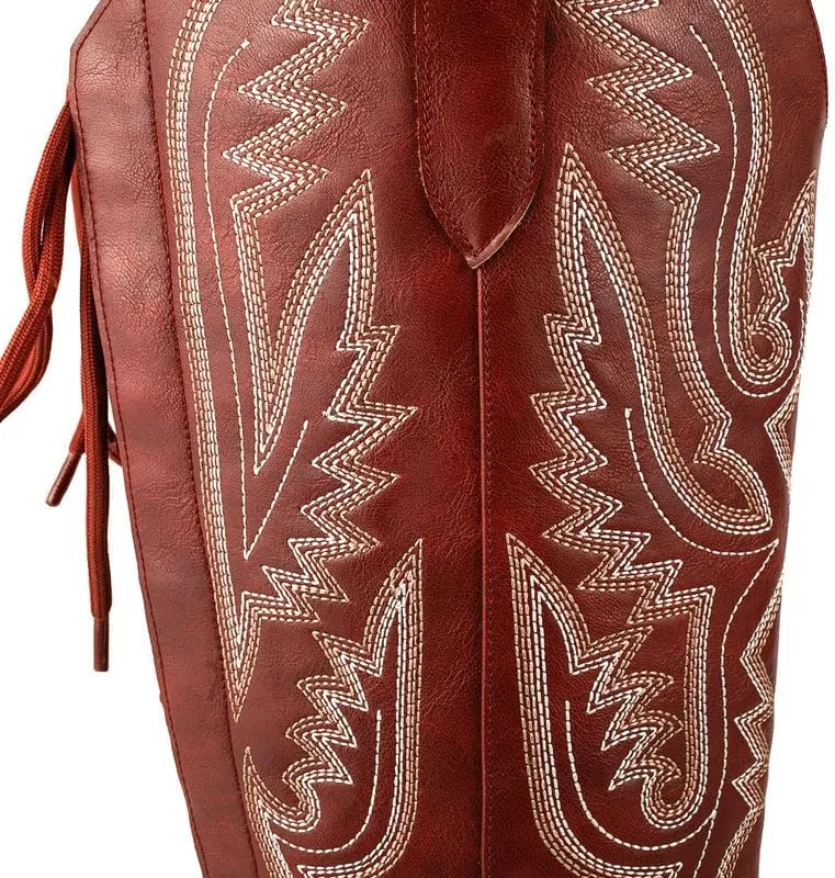 Atuelang Western Cowboy Boots for Women Knee High Wide Calf Lace Up Embroidered Cowgirl Boots