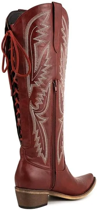 Atuelang Western Cowboy Boots for Women Knee High Wide Calf Lace Up Embroidered Cowgirl Boots