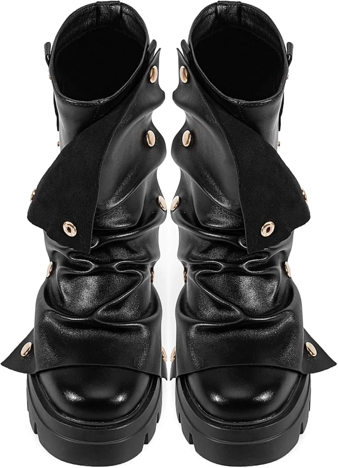 Atuelang Women's Slouchy Fold Over Boots Platform Wide Calf Shark Boots Pull On Fashion Short Booties