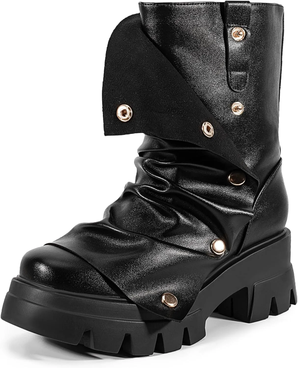 Atuelang Women's Slouchy Fold Over Boots Platform Wide Calf Shark Boots Pull On Fashion Short Booties