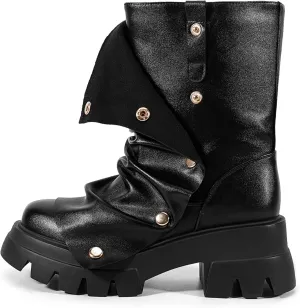 Atuelang Women's Slouchy Fold Over Boots Platform Wide Calf Shark Boots Pull On Fashion Short Booties