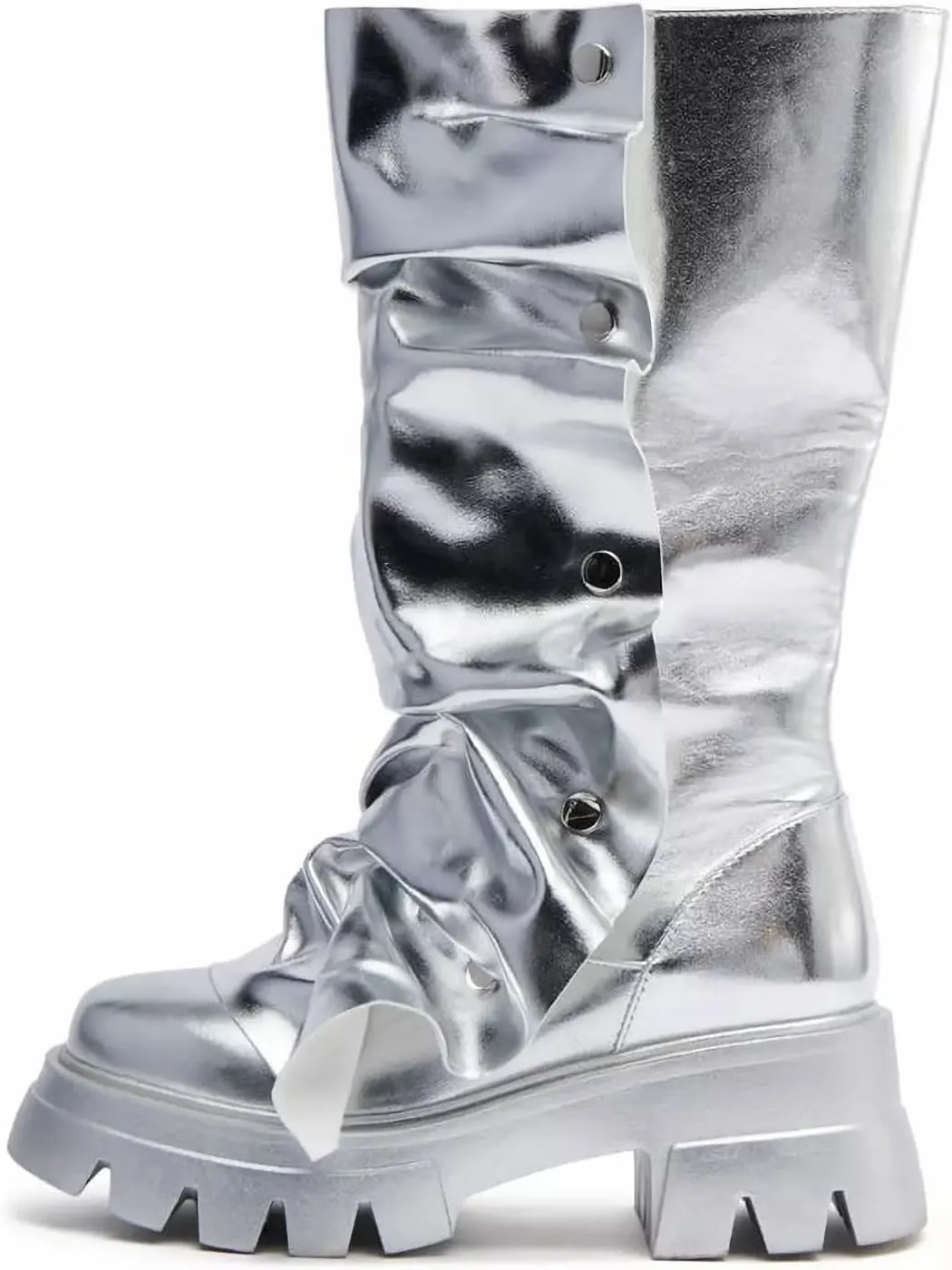 Atuelang Women's Slouchy Fold Over Platform Boots Mid Calf Pull On Fashion Snap Button Boots