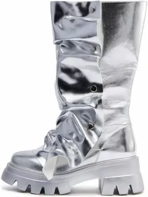 Atuelang Women's Slouchy Fold Over Platform Boots Mid Calf Pull On Fashion Snap Button Boots