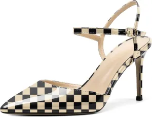 AUMOTED Women's Pointed Toe Pumps Stilettos High Heels Ankle Strap Closed Toe Pumps Wedding Bride Shoes Dating Patent Summer Heels 3.4 Inch Party Sandals