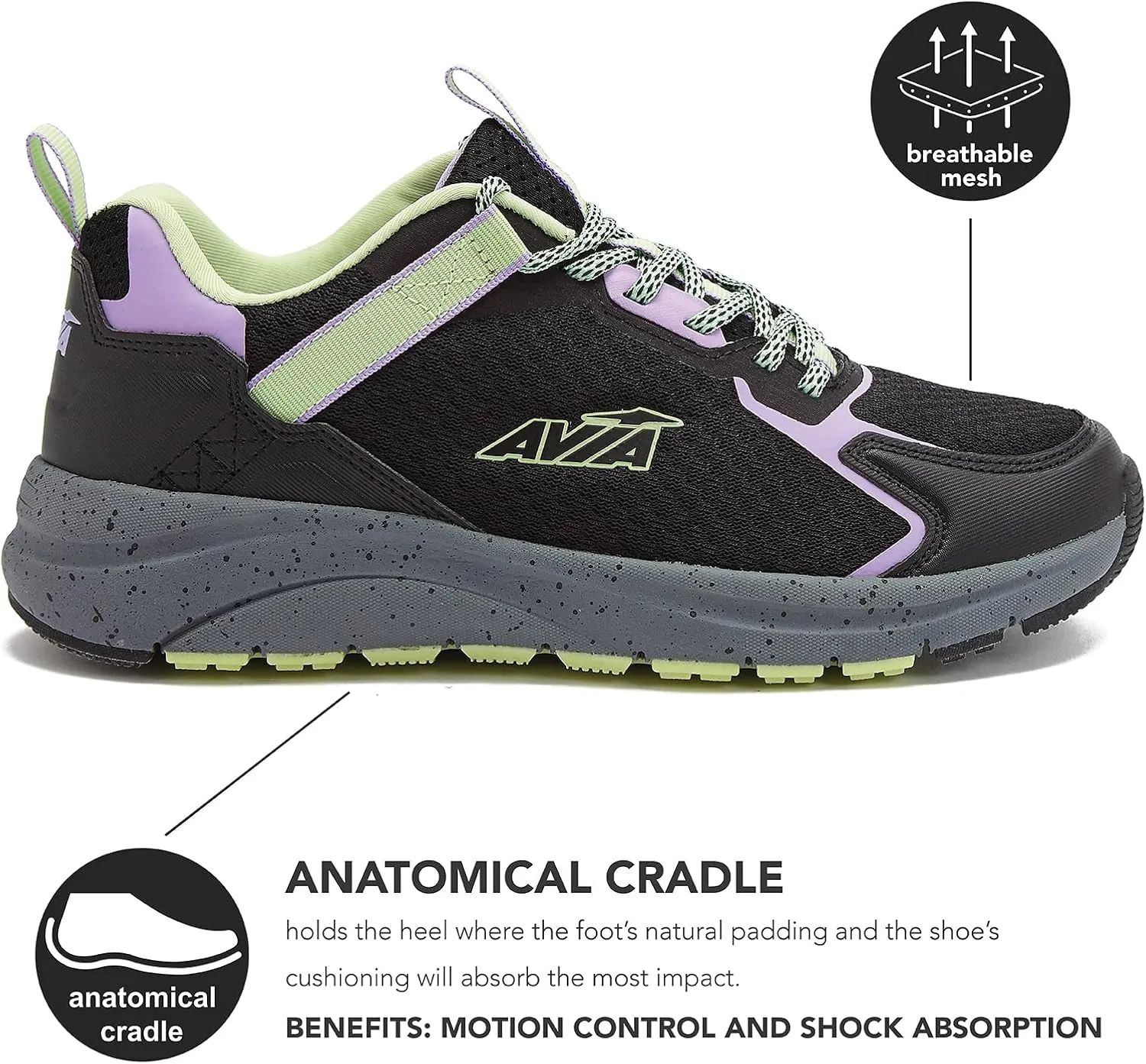 Avia Canyon Womens Trail Shoes and Walking Sneakers with Arch Support and Breathable Mesh