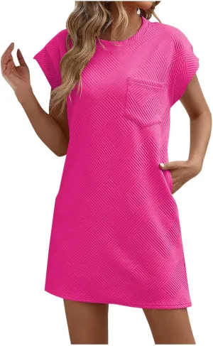Aymnlox Womens Summer Wrap Dress Short Sleeve Crewneck Mini Dresses Elegant Wrinkle-Free Casual Beach Dresses with Pocket