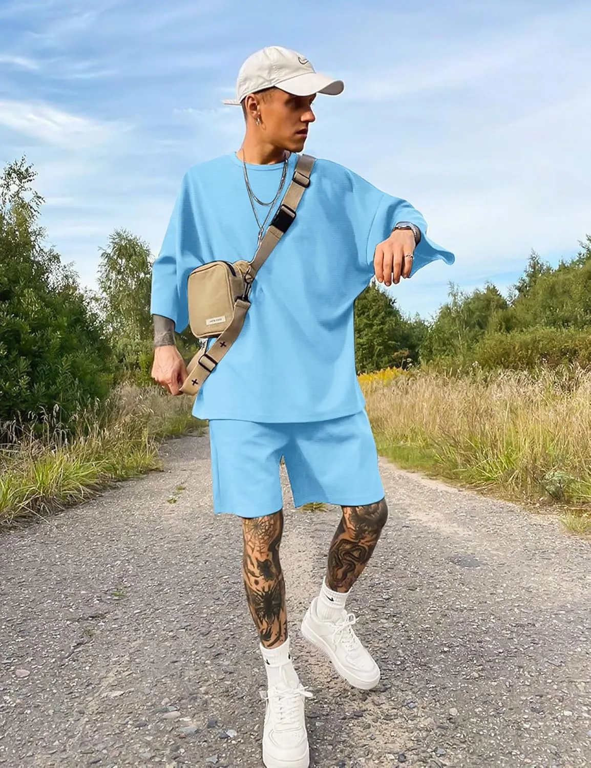 Babioboa Men's Short Sleeve Tracksuit Summer T Shirt & Shorts set 2 Pockets Oversize Two Piece Casual Daily Duty-off