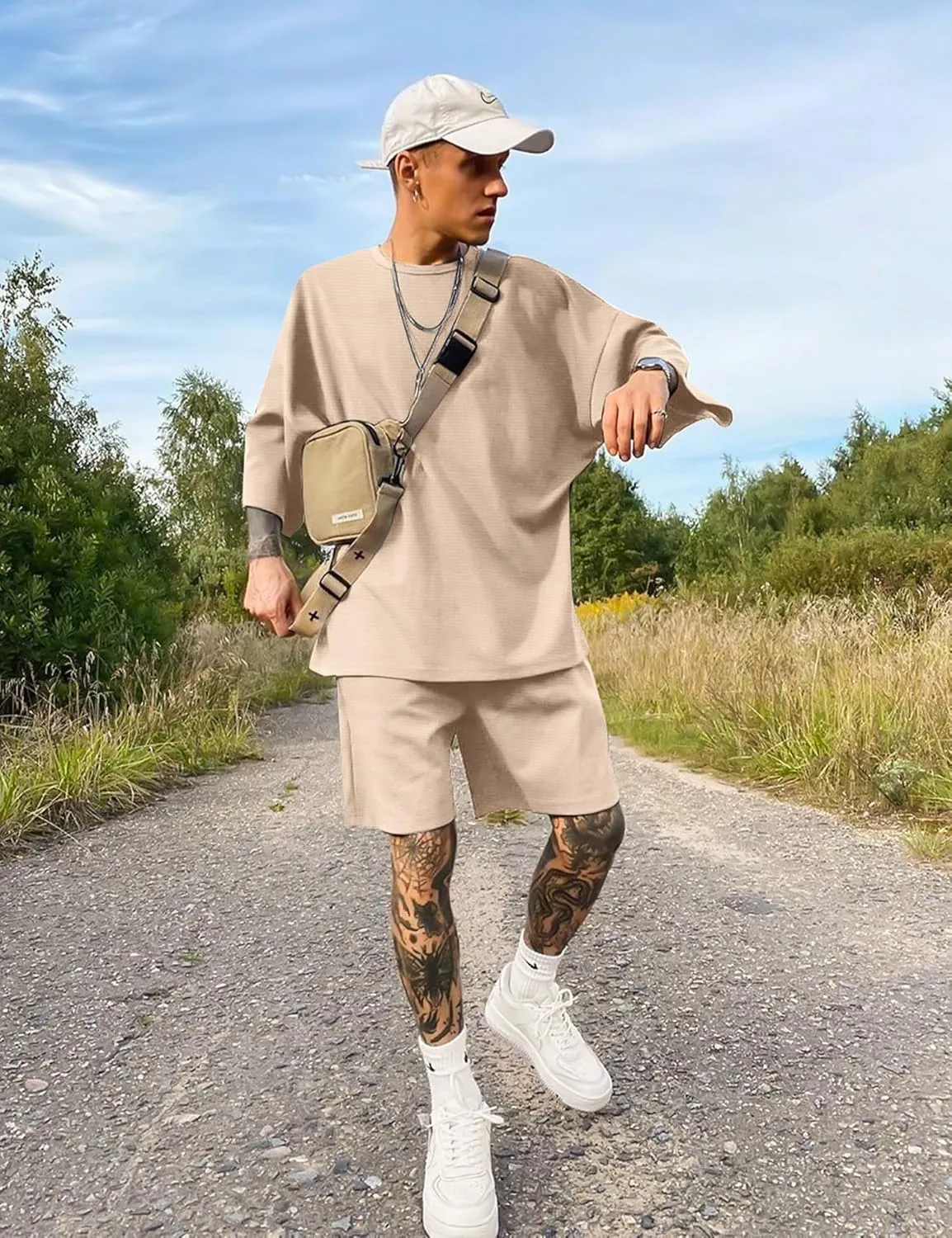 Babioboa Men's Short Sleeve Tracksuit Summer T Shirt & Shorts set 2 Pockets Oversize Two Piece Casual Daily Duty-off