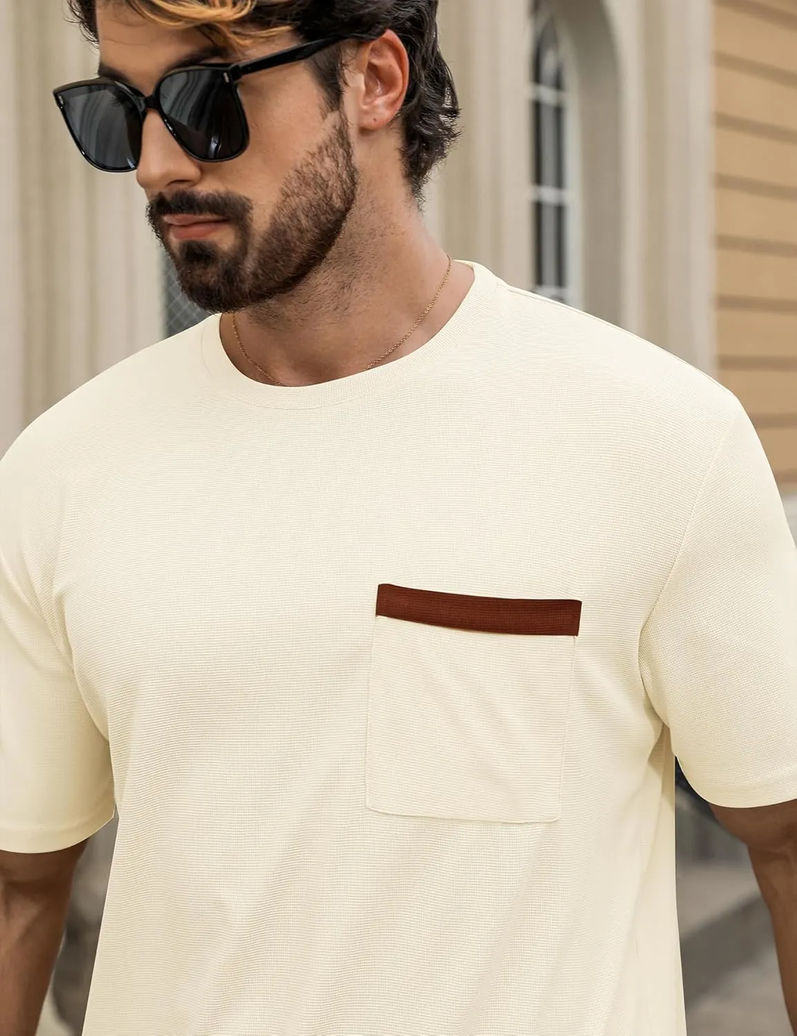 Babioboa Men's Short Sleeve Tracksuit Summer T Shirt & Shorts set Pocket Waffle Solid Two Piece Casual Daily Duty-off