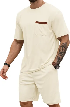Babioboa Men's Short Sleeve Tracksuit Summer T Shirt & Shorts set Pocket Waffle Solid Two Piece Casual Daily Duty-off