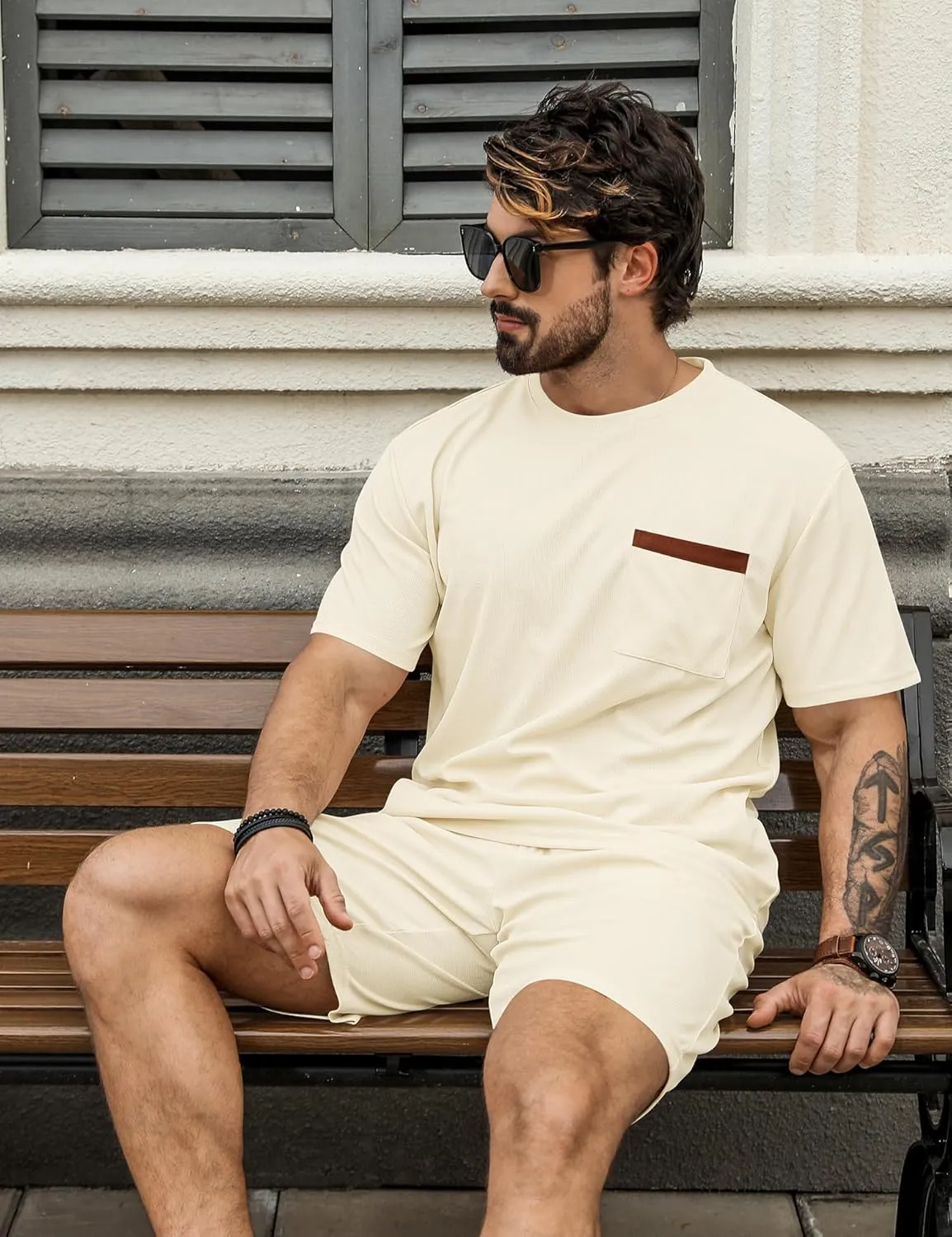 Babioboa Men's Short Sleeve Tracksuit Summer T Shirt & Shorts set Pocket Waffle Solid Two Piece Casual Daily Duty-off