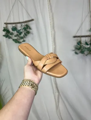 BAMBOO Women's Square Toe Crisscross Detail Slip On Flat Sandals