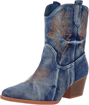 Bandkos Cowboy Boots for Women Ankle Cowgirl Booties Wide Mid Calf Pointed Toe Western Boots Short Chunky Classic Booties