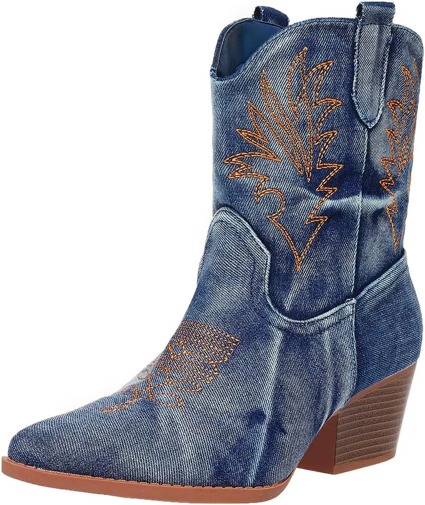 Bandkos Cowboy Boots for Women Ankle Cowgirl Booties Wide Mid Calf Pointed Toe Western Boots Short Chunky Classic Booties