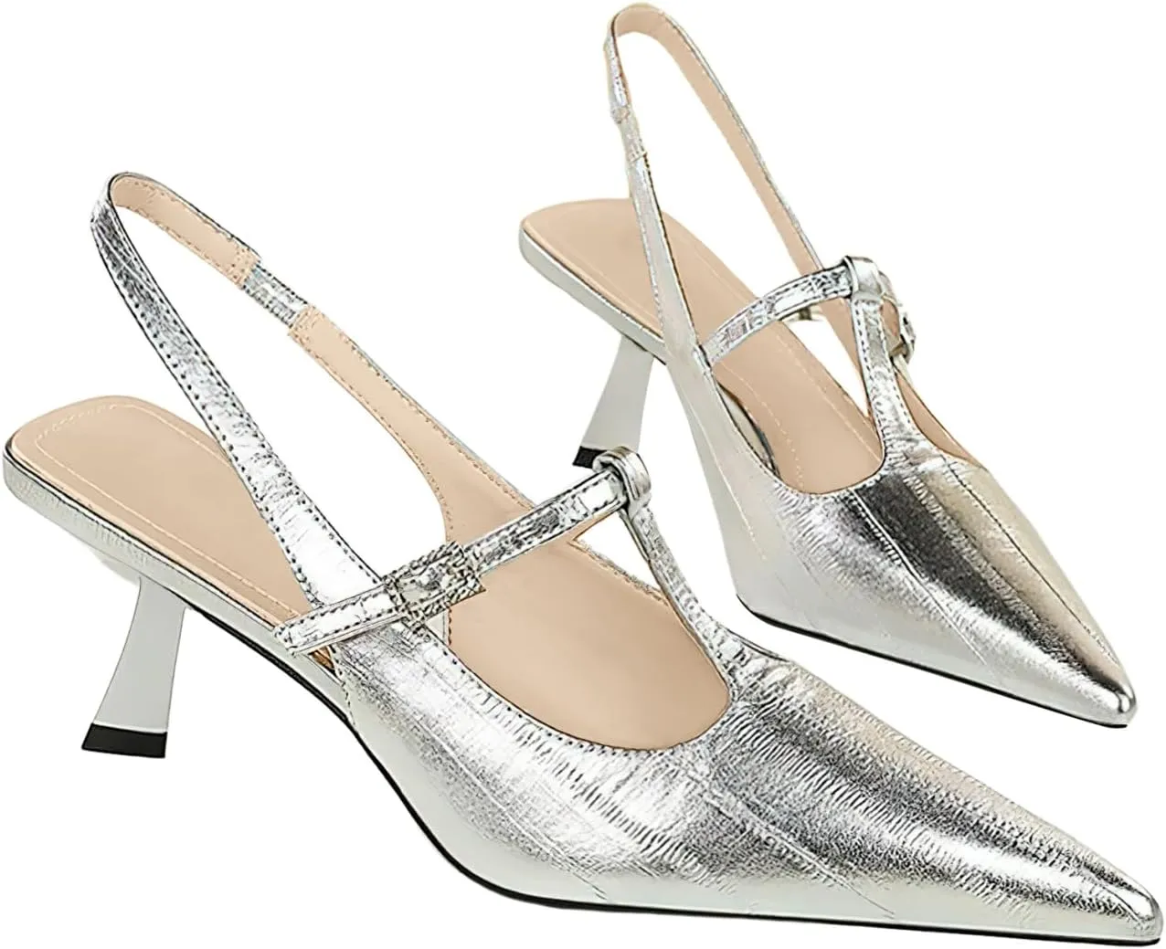 baobeijiadao Womens Pointed Toe Heels Slingback Slip On Pumps Close Toes T Strap Heeled Sandals Kitten Heel Dress Shoes for Women
