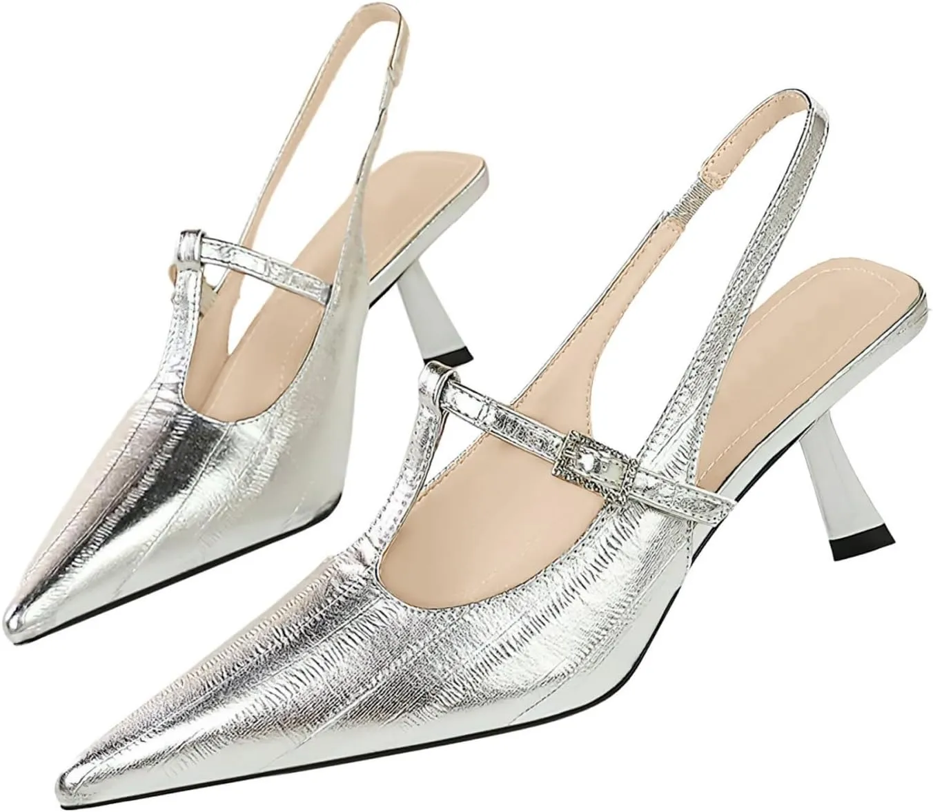 baobeijiadao Womens Pointed Toe Heels Slingback Slip On Pumps Close Toes T Strap Heeled Sandals Kitten Heel Dress Shoes for Women