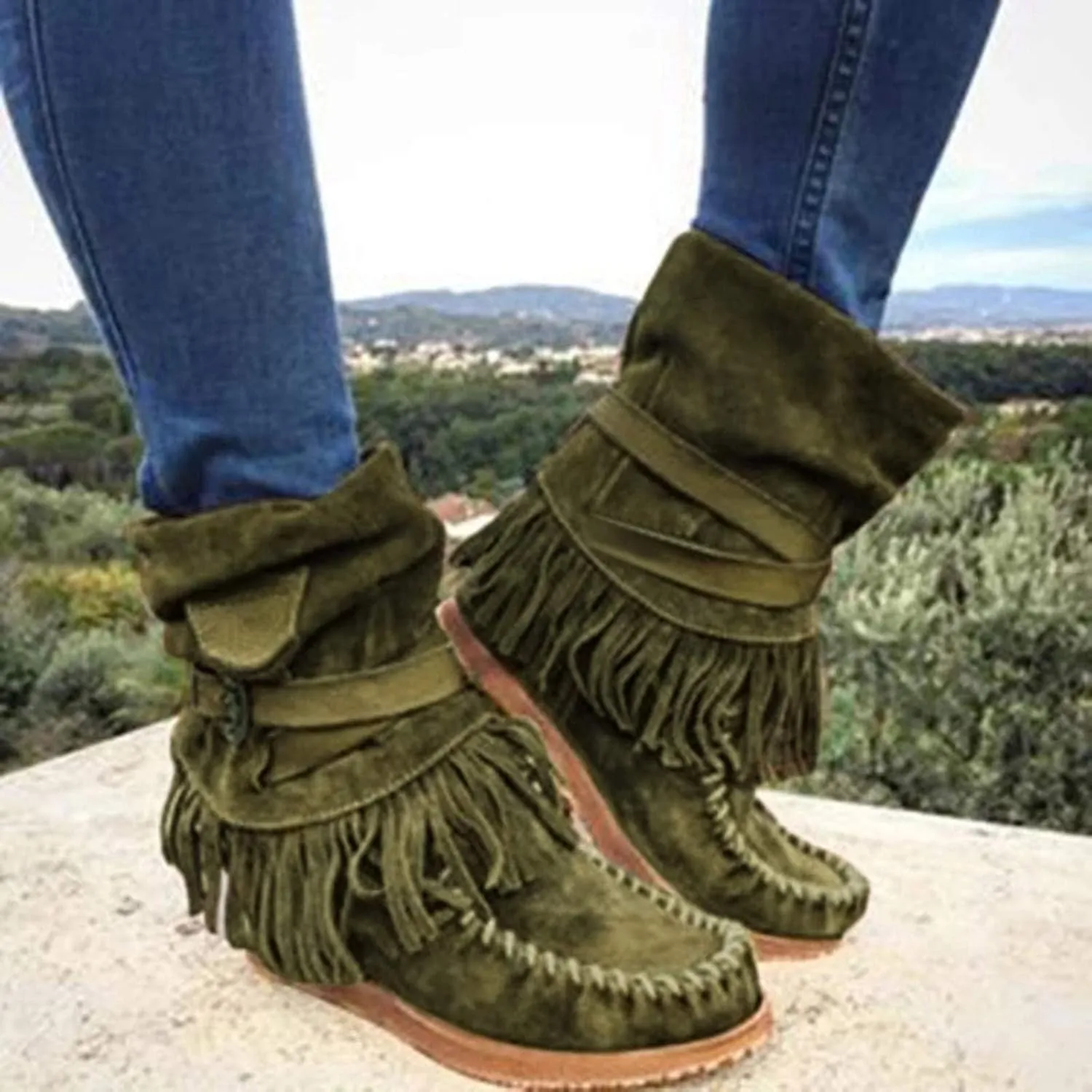 Bcshiye Tassel Boots for Women Moccasin Suede Ankle Booties Winter Round Toe Vintage Buckle Strap Mid-Calf Flat Shoes
