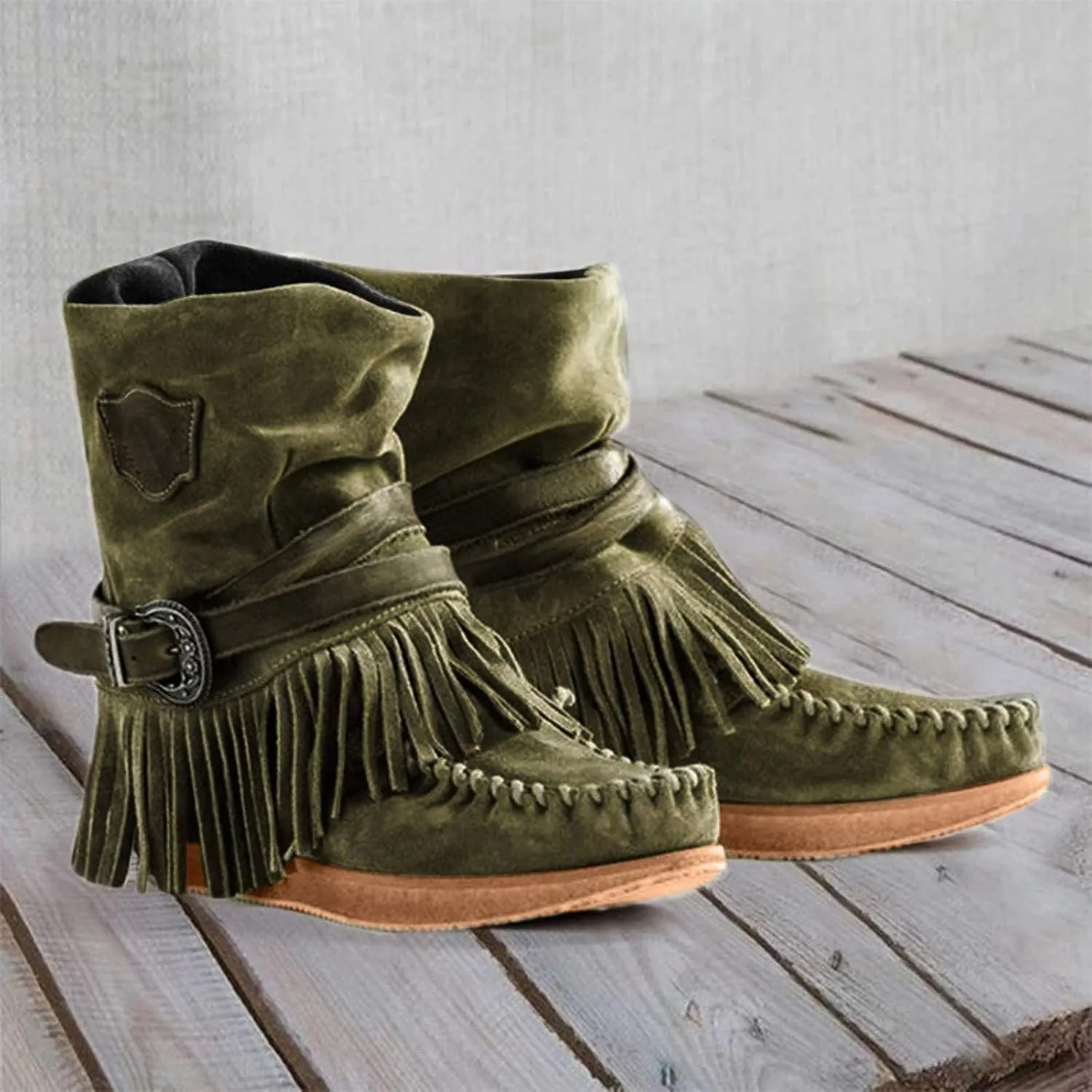Bcshiye Tassel Boots for Women Moccasin Suede Ankle Booties Winter Round Toe Vintage Buckle Strap Mid-Calf Flat Shoes