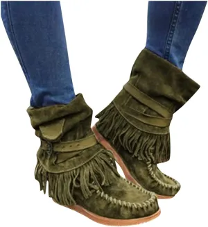 Bcshiye Tassel Boots for Women Moccasin Suede Ankle Booties Winter Round Toe Vintage Buckle Strap Mid-Calf Flat Shoes