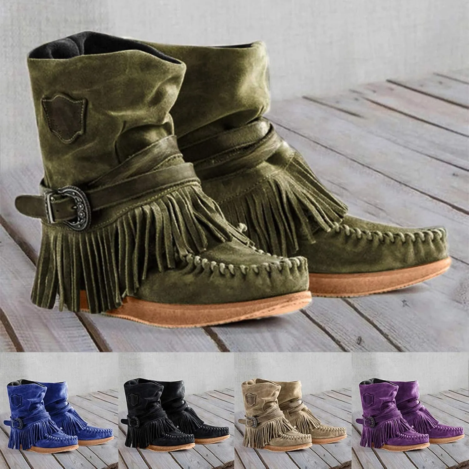 Bcshiye Tassel Boots for Women Moccasin Suede Ankle Booties Winter Round Toe Vintage Buckle Strap Mid-Calf Flat Shoes