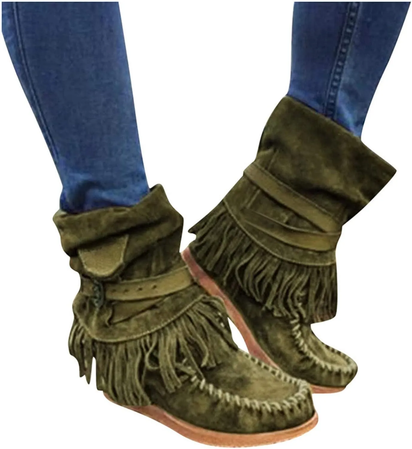 Bcshiye Tassel Boots for Women Moccasin Suede Ankle Booties Winter Round Toe Vintage Buckle Strap Mid-Calf Flat Shoes