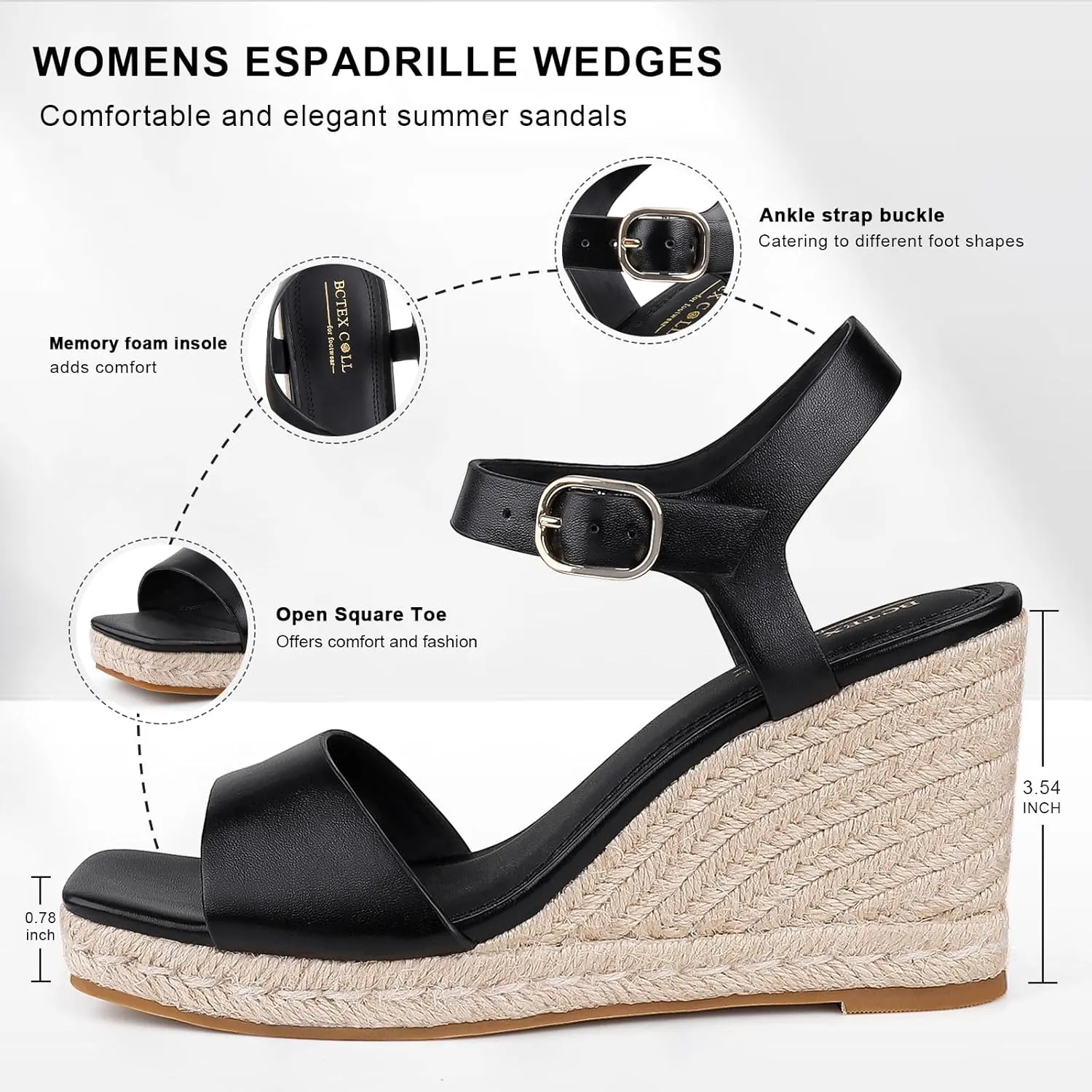 BCTEX COLL Women's Platform Wedge Espadrilles Sandals Comfortable Open Toe Ankle Strap Summer Casual Shoes Brown Black Nude