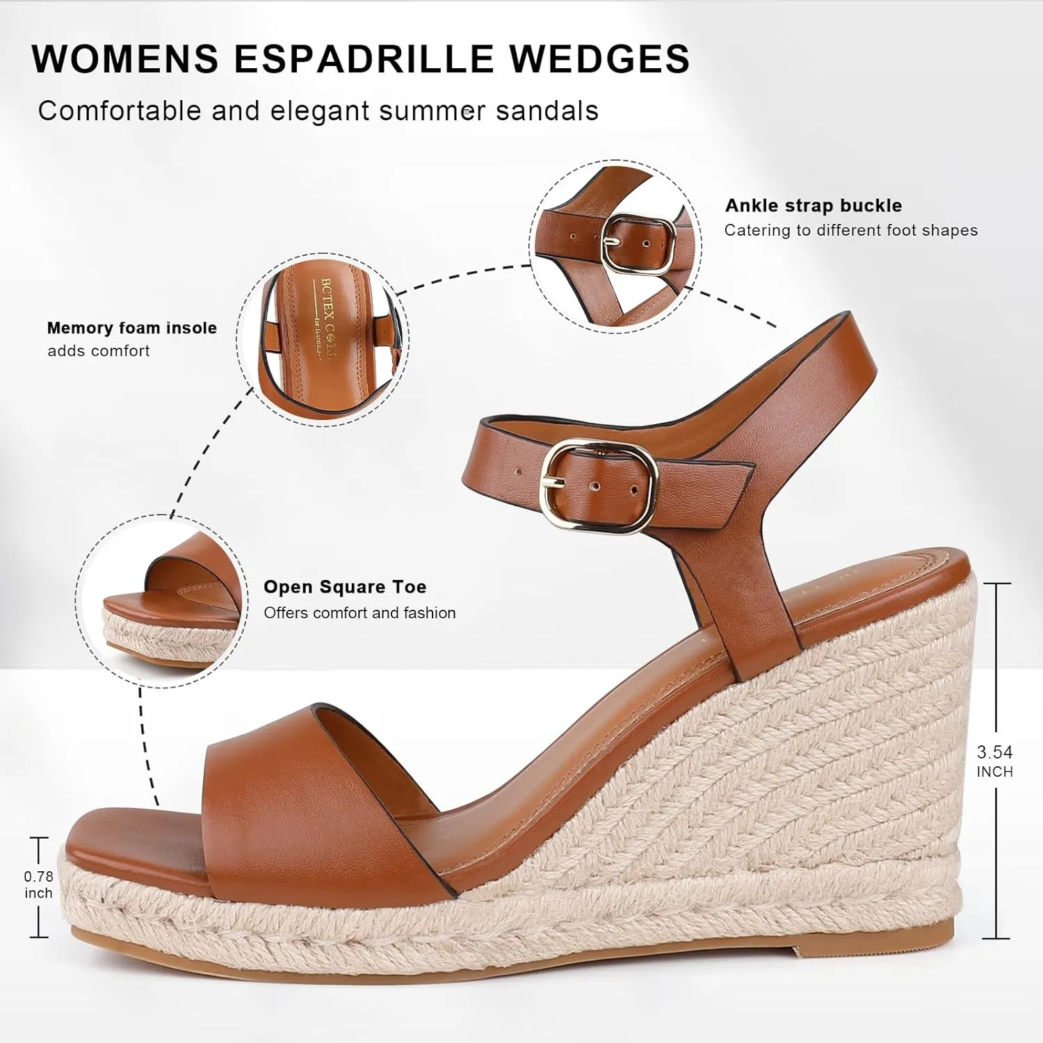 BCTEX COLL Women's Platform Wedge Espadrilles Sandals Comfortable Open Toe Ankle Strap Summer Casual Shoes Brown Black Nude