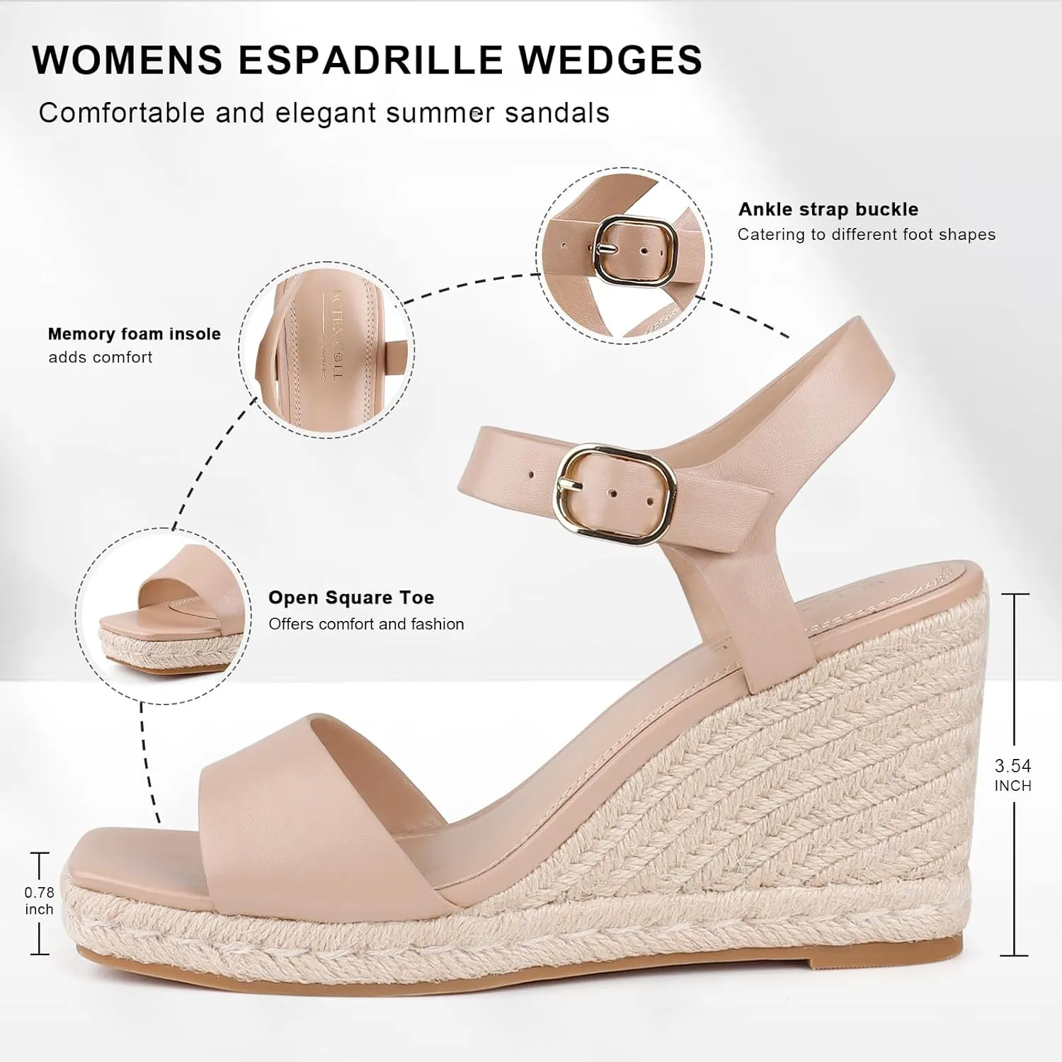BCTEX COLL Women's Platform Wedge Espadrilles Sandals Comfortable Open Toe Ankle Strap Summer Casual Shoes Brown Black Nude