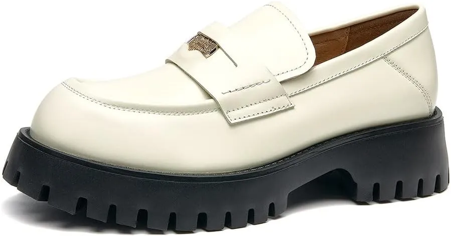 BEAU TODAY Chunky Loafers Women,Patent Leather Platform Loafers for Women,Lug Sole Slip On Penny Shoes,Comfortable Work Office Business Casual Dress Shoes Beige 8.5