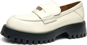 BEAU TODAY Chunky Loafers Women,Patent Leather Platform Loafers for Women,Lug Sole Slip On Penny Shoes,Comfortable Work Office Business Casual Dress Shoes Beige 8.5