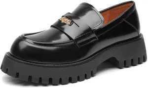 BEAU TODAY Chunky Loafers Women,Patent Leather Platform Loafers for Women,Lug Sole Slip On Penny Shoes,Comfortable Work Office Business Casual Dress Shoes Black 9