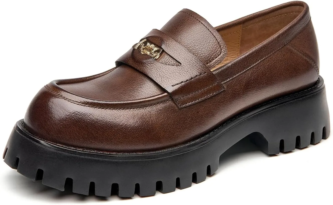 BEAU TODAY Chunky Loafers Women,Patent Leather Platform Loafers for Women,Lug Sole Slip On Penny Shoes,Comfortable Work Office Business Casual Dress Shoes
