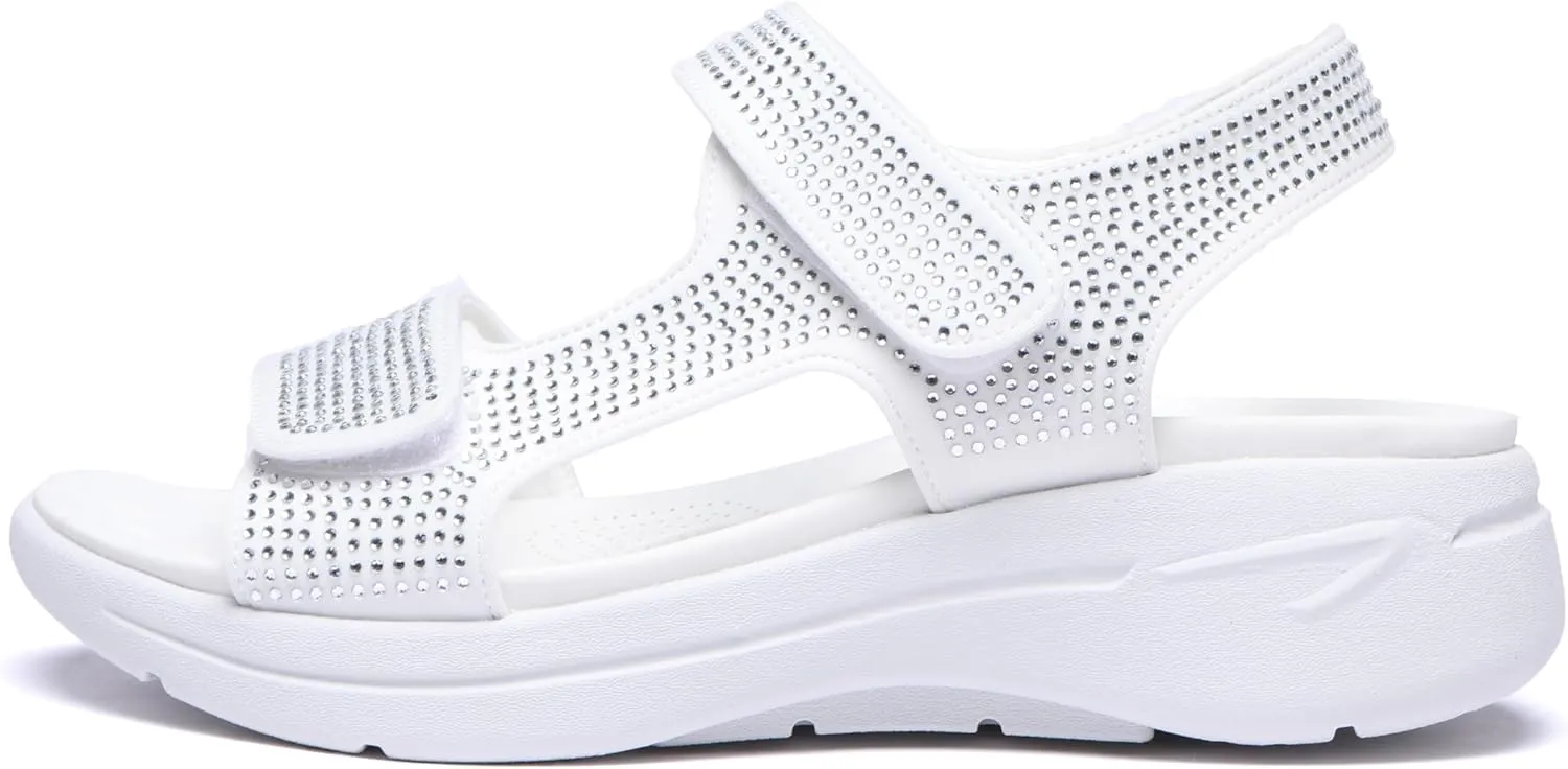 Bernal Women's Fashion Walking Sandals Comfortable Cushion Open-Toe Shoes Slip-On Platrorm Sandals with Diamonds