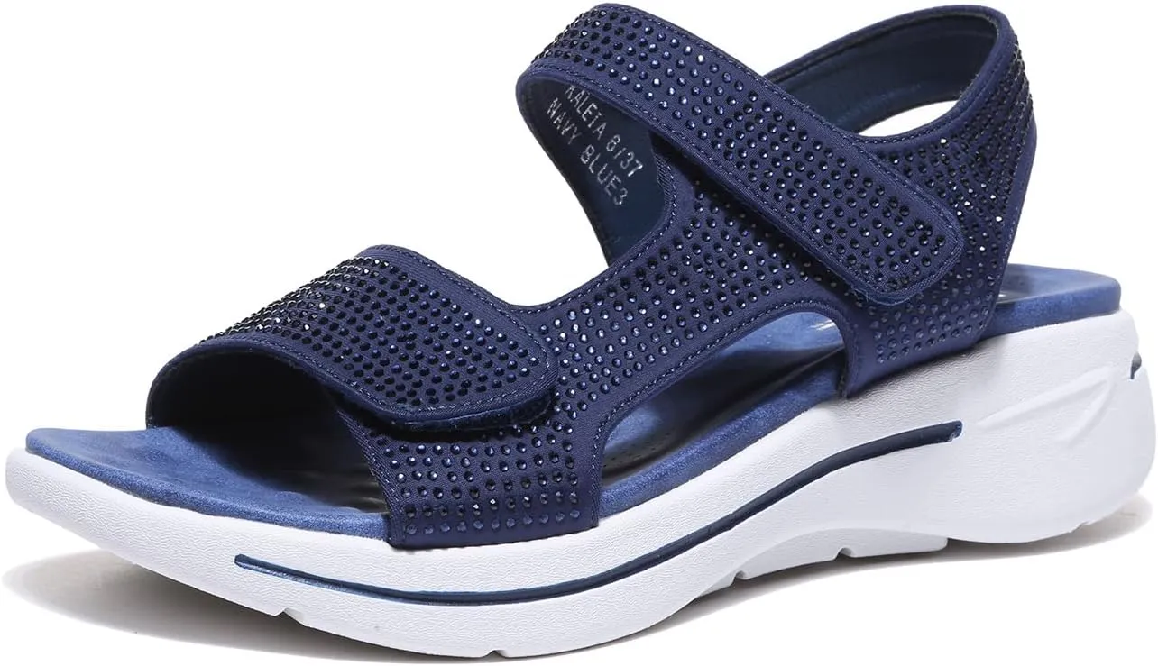 Bernal Women's Fashion Walking Sandals Comfortable Cushion Open-Toe Shoes Slip-On Platrorm Sandals with Diamonds