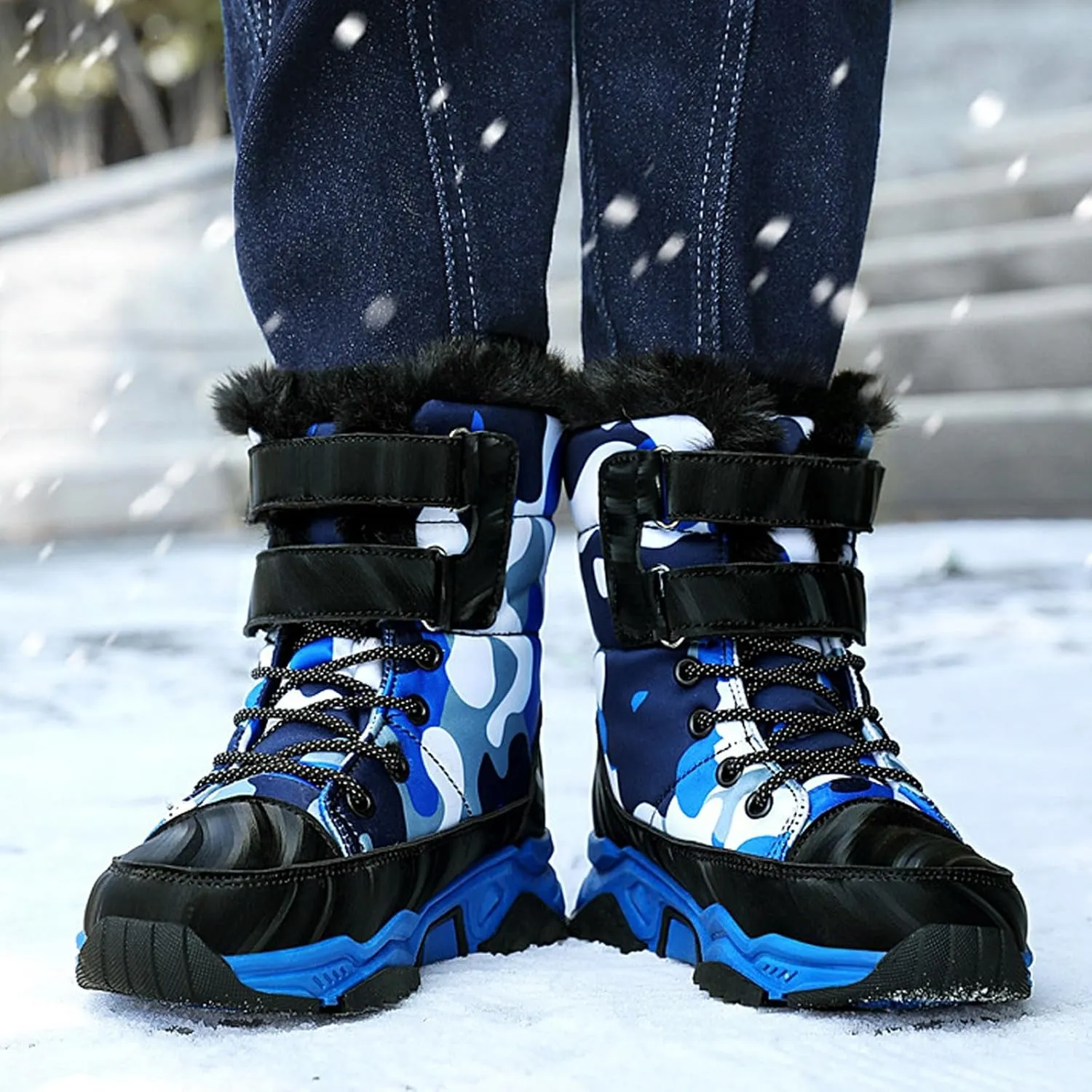 Big Kids Snow Booties Fuzzy Fashion Warm Shoes Childrens Boys Flat Comfy Chunky Sole Boots Open Toe Winter Ski Non Slip