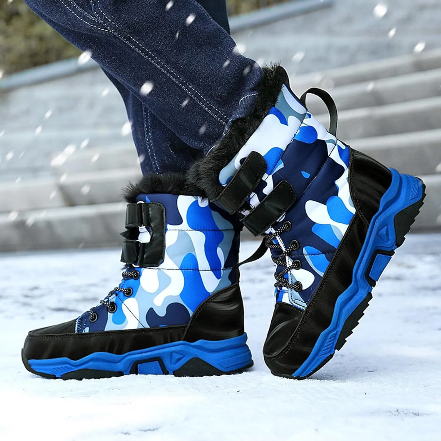 Big Kids Snow Booties Fuzzy Fashion Warm Shoes Childrens Boys Flat Comfy Chunky Sole Boots Open Toe Winter Ski Non Slip