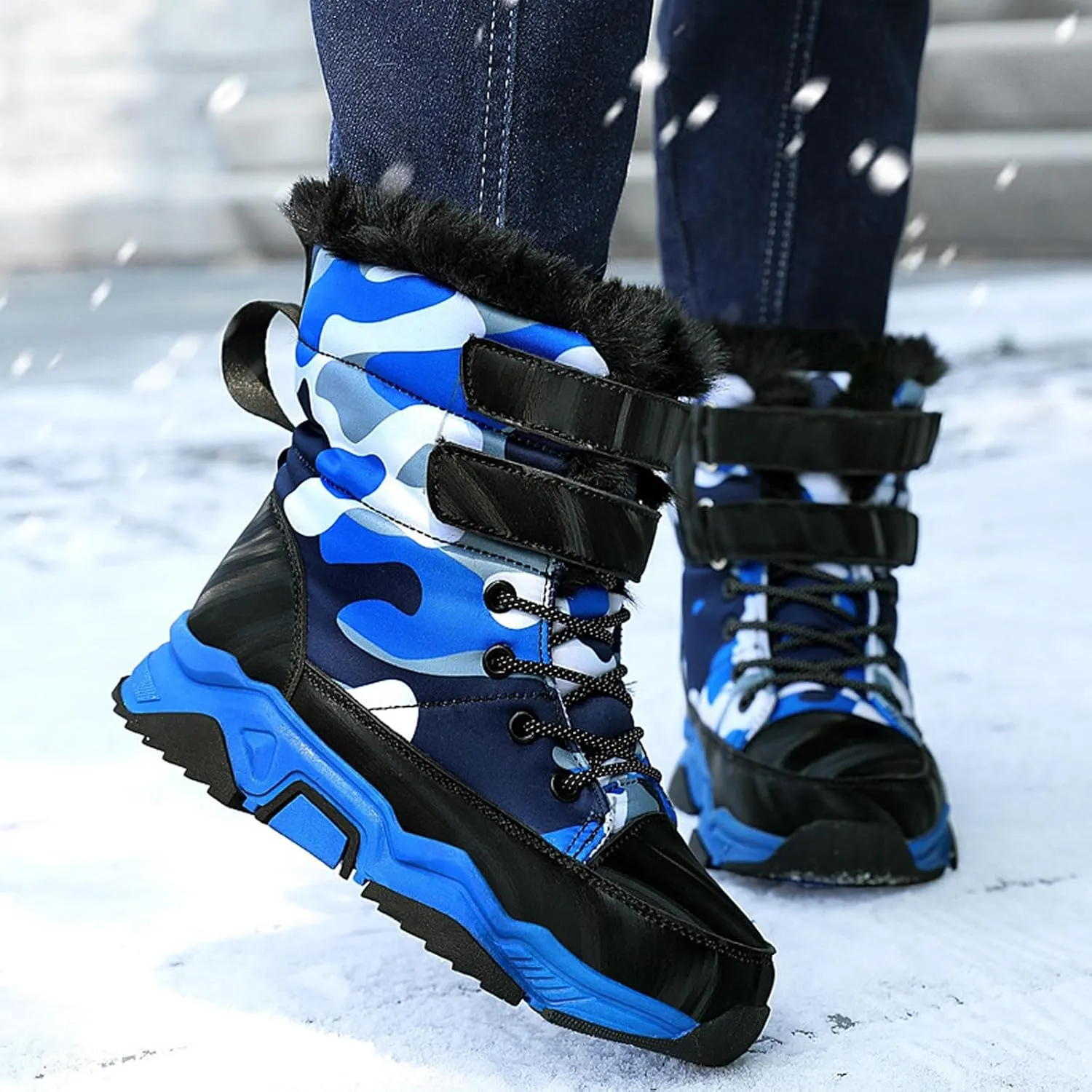 Big Kids Snow Booties Fuzzy Fashion Warm Shoes Childrens Boys Flat Comfy Chunky Sole Boots Open Toe Winter Ski Non Slip