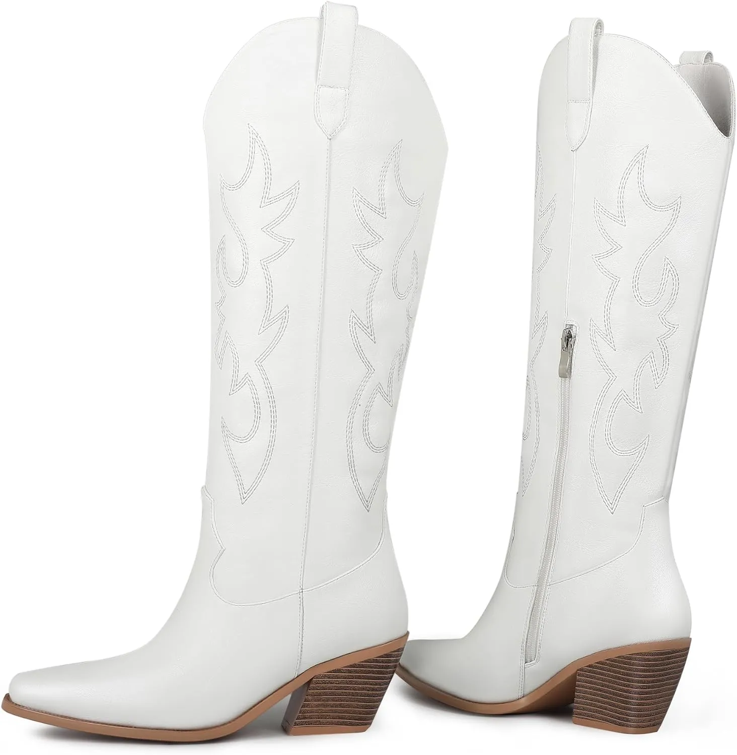 Black Cowboy Boots for Women Knee High - Women's Tall Embroidered Cowboy Boots Chunky Heel Pointed Toe Western Country Boots