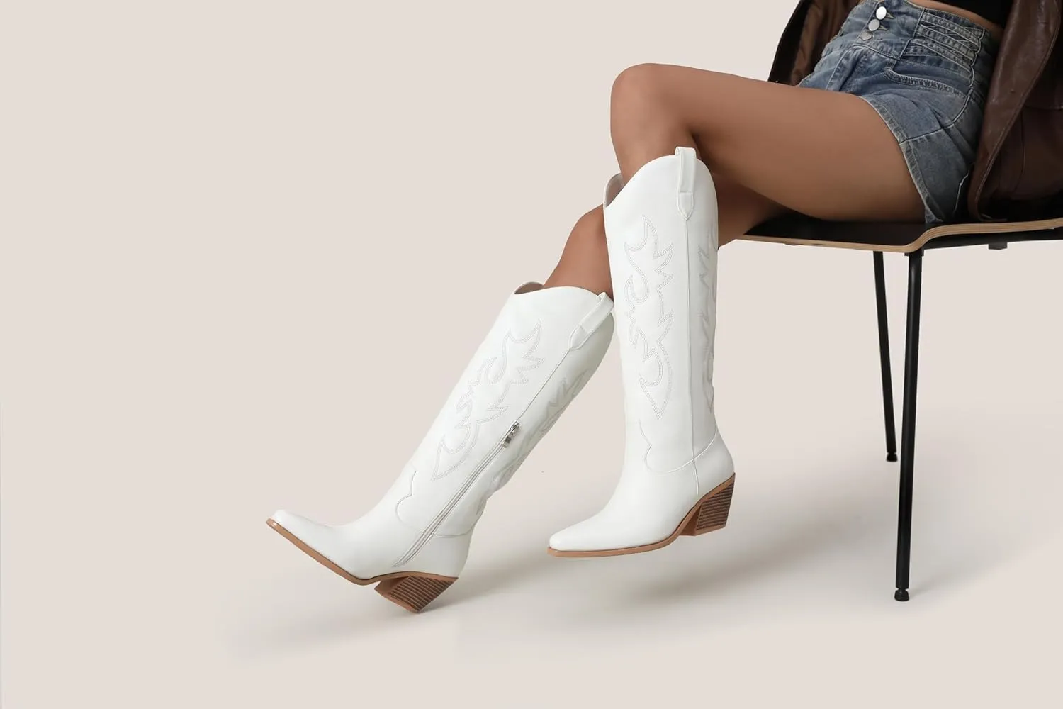 Black Cowboy Boots for Women Knee High - Women's Tall Embroidered Cowboy Boots Chunky Heel Pointed Toe Western Country Boots