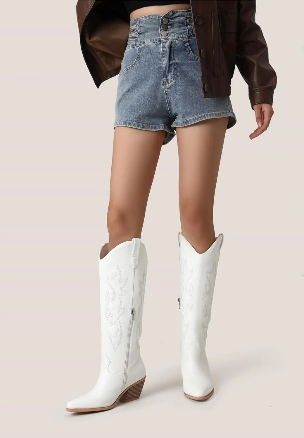 Black Cowboy Boots for Women Knee High - Women's Tall Embroidered Cowboy Boots Chunky Heel Pointed Toe Western Country Boots