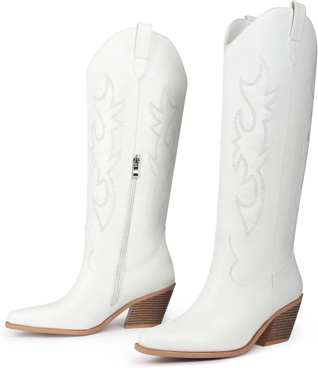 Black Cowboy Boots for Women Knee High - Women's Tall Embroidered Cowboy Boots Chunky Heel Pointed Toe Western Country Boots