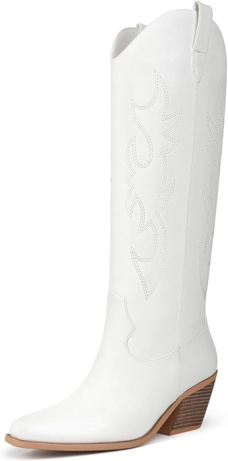 Black Cowboy Boots for Women Knee High - Women's Tall Embroidered Cowboy Boots Chunky Heel Pointed Toe Western Country Boots