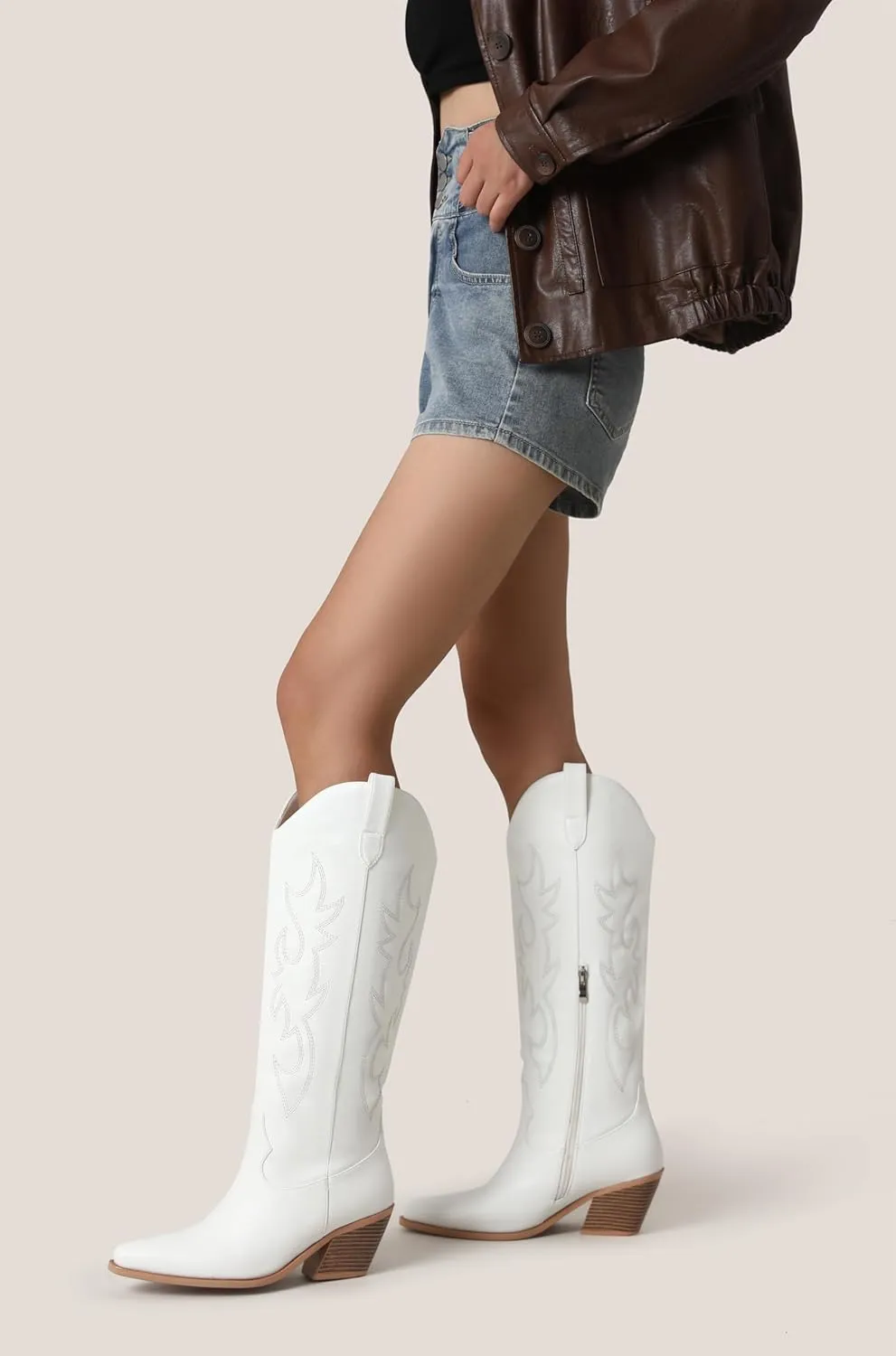 Black Cowboy Boots for Women Knee High - Women's Tall Embroidered Cowboy Boots Chunky Heel Pointed Toe Western Country Boots