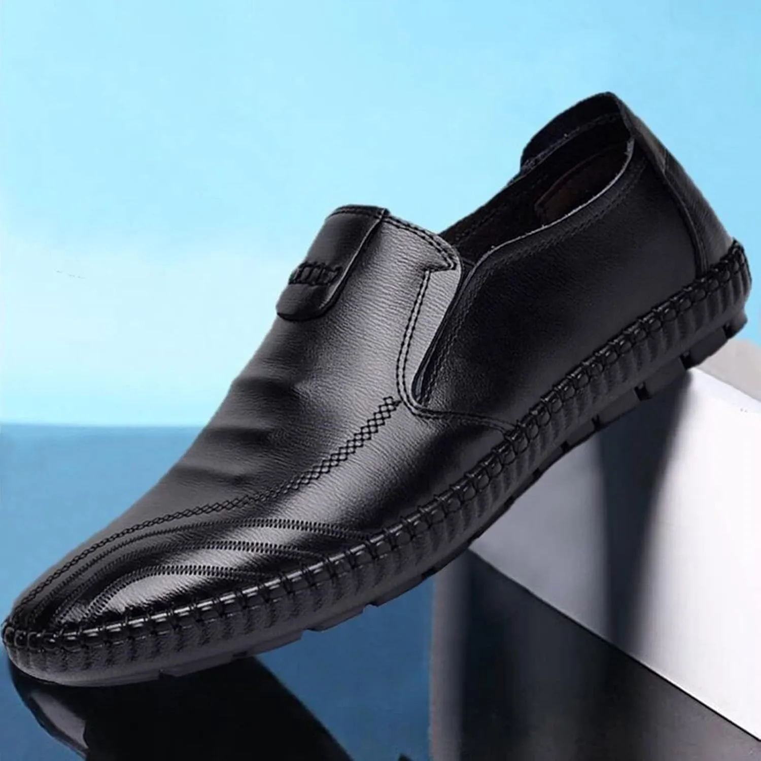 Black Dress Shoes for Men Classical Style Leather Shoes for Men Slip On PU Leather Low Rubber Black Slip On Dress Shoes