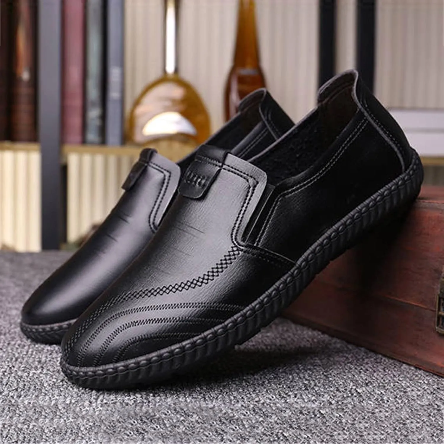 Black Dress Shoes for Men Classical Style Leather Shoes for Men Slip On PU Leather Low Rubber Black Slip On Dress Shoes
